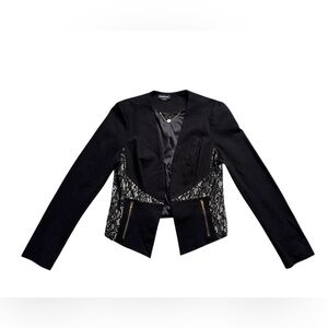 Bebe Black Lace Panel Cropped Blazer Jacket Large Dark Femme Gothic Fitted